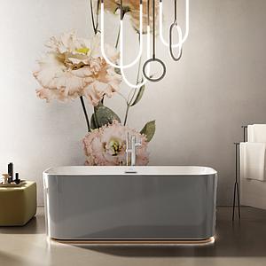 Villeroy & Boch Finion 1700 x 700 mm  Free-standing bath Finion free-standing seamless GLOSS MID GREY EXTERNAL GLOSS WHITE INTERNAL (Quaryl) incl. factory-fitted Push-to-Open valve and overflow design ring Chrome (Q177FIN7A1BCV201)